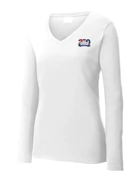 Womens  V-Neck Ring Spun White 4.5 oz Long Sleeve T-Shirt w/Geronimo 250th Logo