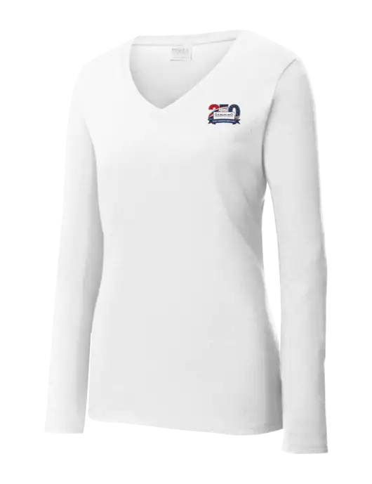 Womens  V-Neck Ring Spun White 4.5 oz Long Sleeve T-Shirt w/Geronimo 250th Logo