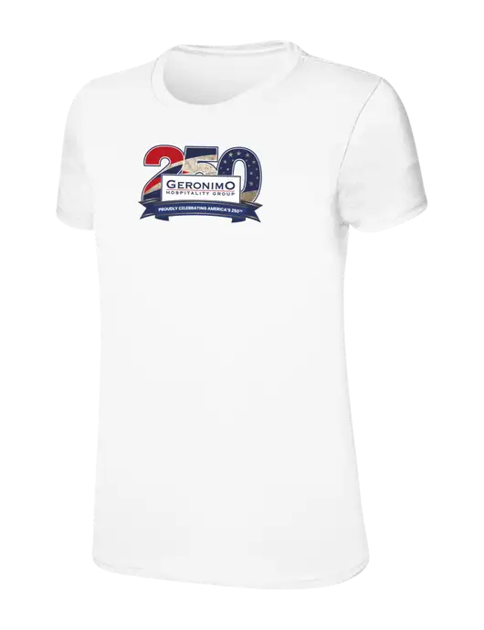 Womens Ring Spun White 4.5 oz T-Shirt w/Geronimo 250th Logo