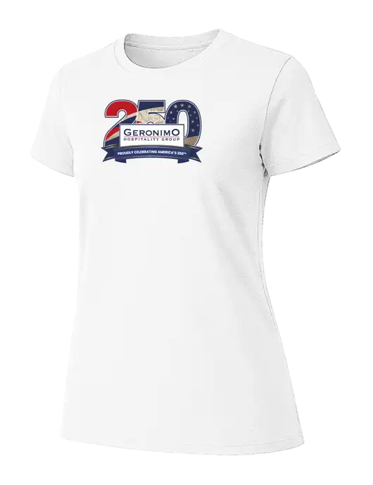 Womens Ring Spun White 4.5 oz T-Shirt w/Geronimo 250th Logo
