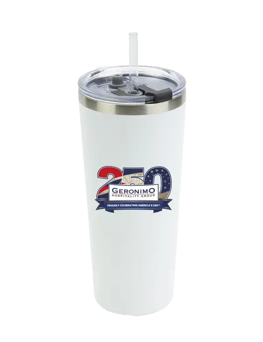 Brighton White 20 oz Insulated Tumbler & Straw w/Geronimo 250th Logo