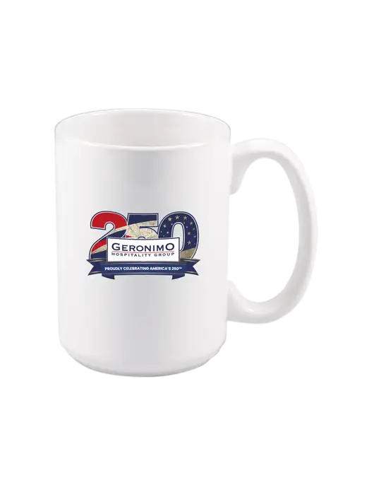 15 oz White Ceramic Mug w/Geronimo 250th Logo