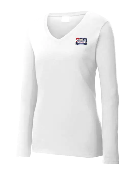 Womens  V-Neck Ring Spun White 4.5 oz Long Sleeve T-Shirt w/Hendricks 250th Logo