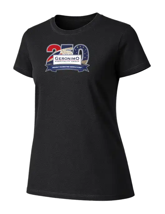 Womens Ring Spun Jet Black 4.5 oz T-Shirt w/Geronimo 250th Logo