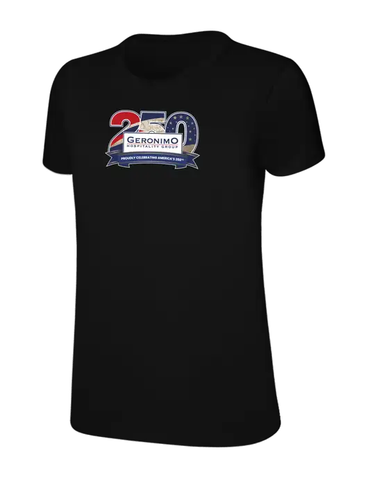 Womens Ring Spun Jet Black 4.5 oz T-Shirt w/Geronimo 250th Logo