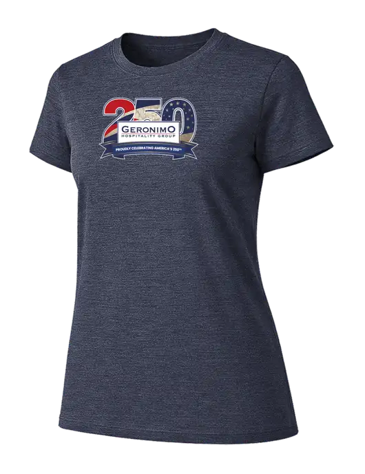 Womens Ring Spun Heather Navy 4.5 oz T-Shirt w/Geronimo 250th Logo