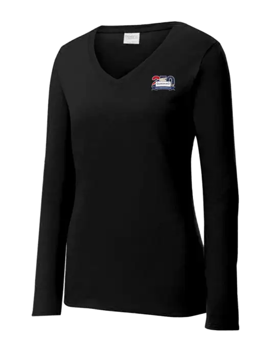 Womens V-Neck Ring Spun Jet Black 4.5 oz Long Sleeve T-Shirt w/Geronimo 250th Logo