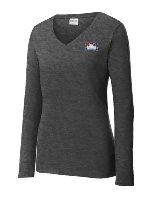 Womens  V-Neck Ring Spun Dark Heather Grey 4.5 oz Long Sleeve T-Shirt w/Geronimo 250th Logo