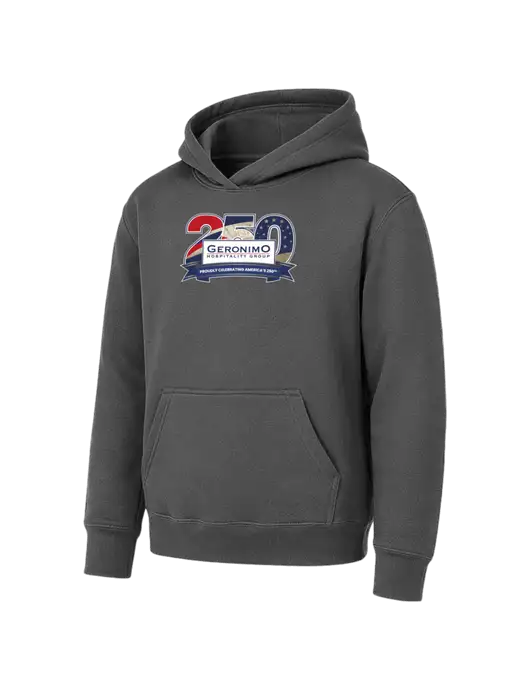 Youth Charcoal 7.8 oz Pullover Hooded Sweatshirt w/Geronimo 250th Logo
