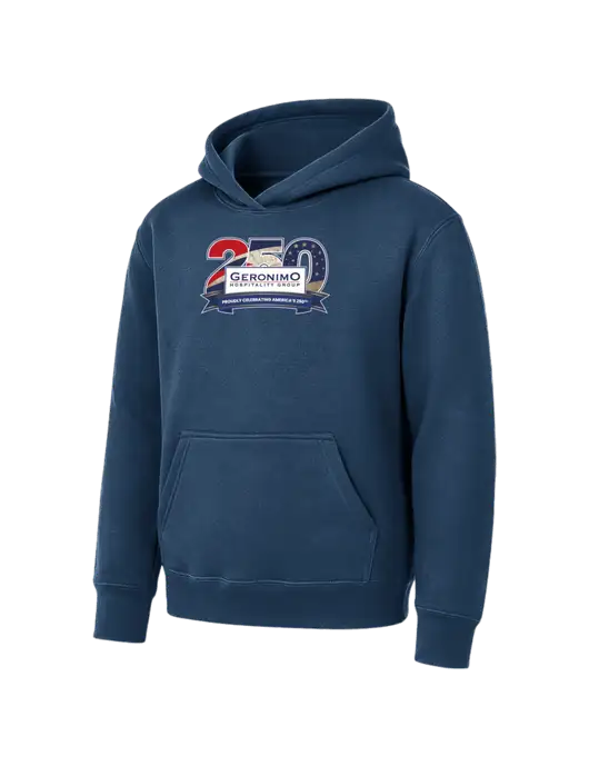Youth Navy 7.8 oz Pullover Hooded Sweatshirt w/Geronimo 250th Logo