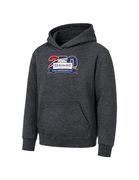 Youth Dark Heather Grey 7.8 oz Pullover Hooded Sweatshirt w/Geronimo 250th Logo