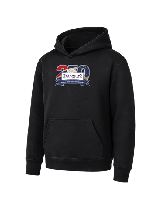 Youth Black 7.8 oz Pullover Hooded Sweatshirt w/Geronimo 250th Logo