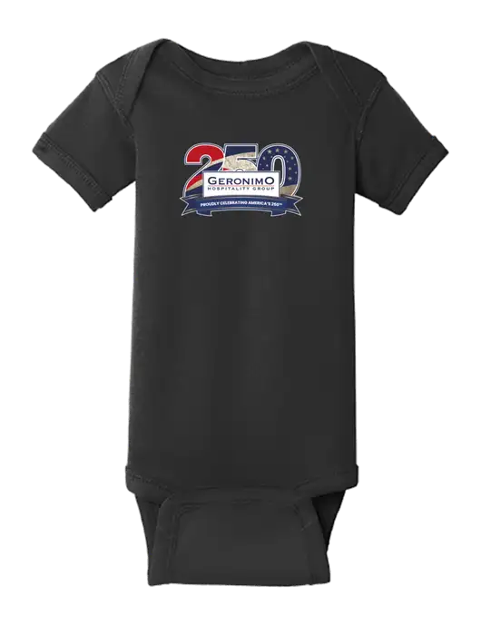 Rabbit Skins Black Infant Short Sleeve Baby Rib Bodysuit w/Geronimo 250th Logo