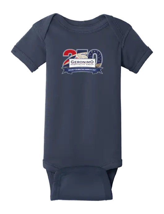Rabbit Skins Navy Infant Short Sleeve Baby Rib Bodysuit w/Geronimo 250th Logo