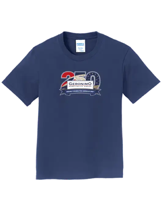 Youth Ring Spun Navy 4.5 oz T-Shirt w/Geronimo 250th Logo