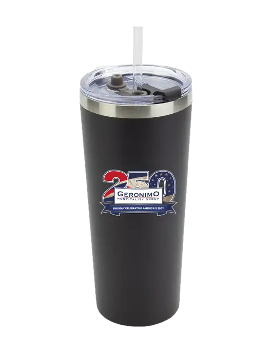 Brighton Black 20 oz Insulated Tumbler & Straw w/Geronimo 250th Logo