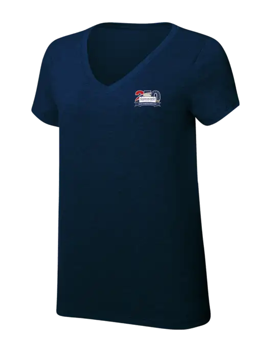 Womens Simply Soft V-Neck New Navy 4.5oz  Poly/Combed Ring Spun Cotton T-Shirt w/Geronimo 250th Logo
