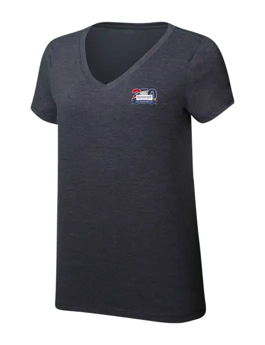 Womens Simply Soft V-Neck Heather Charcoal 4.5oz  Poly/Combed Ring Spun Cotton T-Shirt w/Geronimo 250th Logo