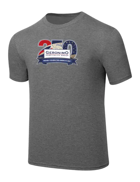Simply Soft Heathered Medium Grey 4.5oz  Poly/Combed Ring Spun Cotton T-Shirt w/Geronimo 250th Logo