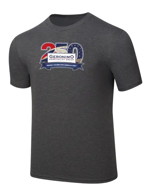 Simply Soft Heathered Charcoal 4.5oz  Poly/Combed Ring Spun Cotton T-Shirt w/Geronimo 250th Logo