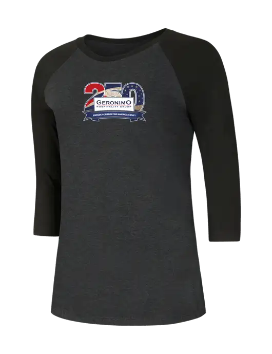 Womens Simply Soft 3/4 Sleeve Black/Black Frost Ring Spun Cotton T-Shirt w/Geronimo 250th Logo