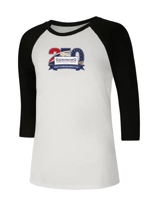 Womens Simply Soft 3/4 Sleeve Black/White Ring Spun Cotton T-Shirt w/Geronimo 250th Logo