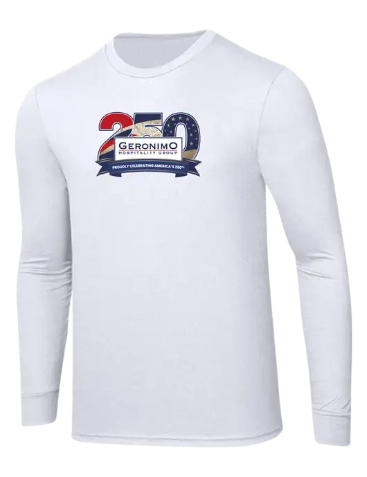 Simply Soft Long Sleeve White 4.5 oz, Poly/Combed Ring Spun Cotton T-Shirt w/Geronimo 250th Logo