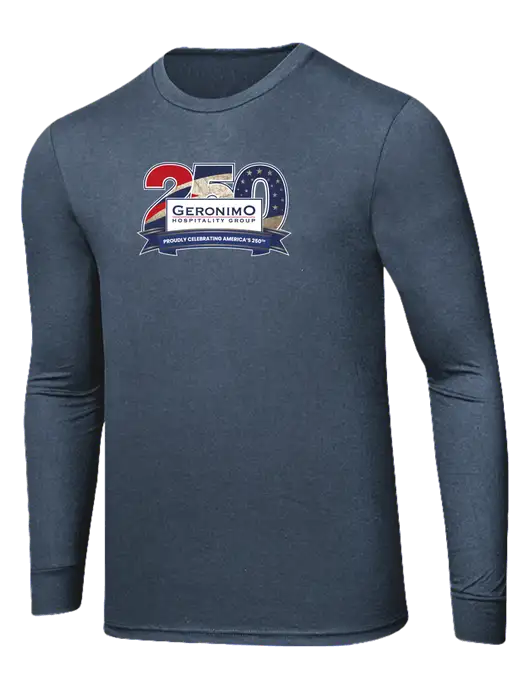 Simply Soft Long Sleeve Navy Frost 4.5 oz, Poly/Combed Ring Spun Cotton T-Shirt w/Geronimo 250th Logo