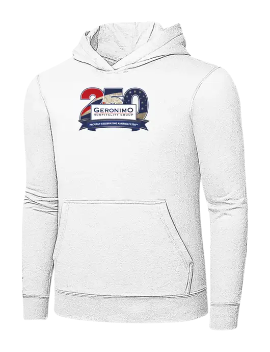White 7.8 oz Ring Spun Hooded Sweatshirt w/Geronimo 250th Logo
