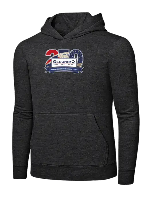 Dark Heather Grey 7.8 oz Ring Spun Hooded Sweatshirt w/Geronimo 250th Logo