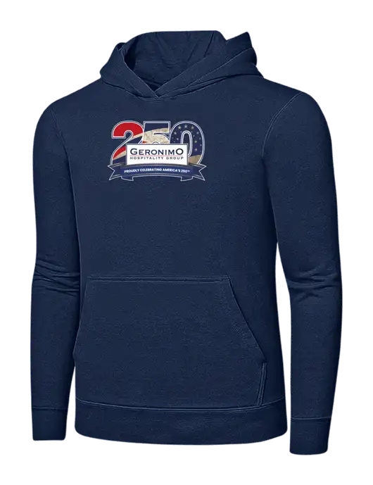 Navy 7.8 oz Ring Spun Hooded Sweatshirt w/Geronimo 250th Logo