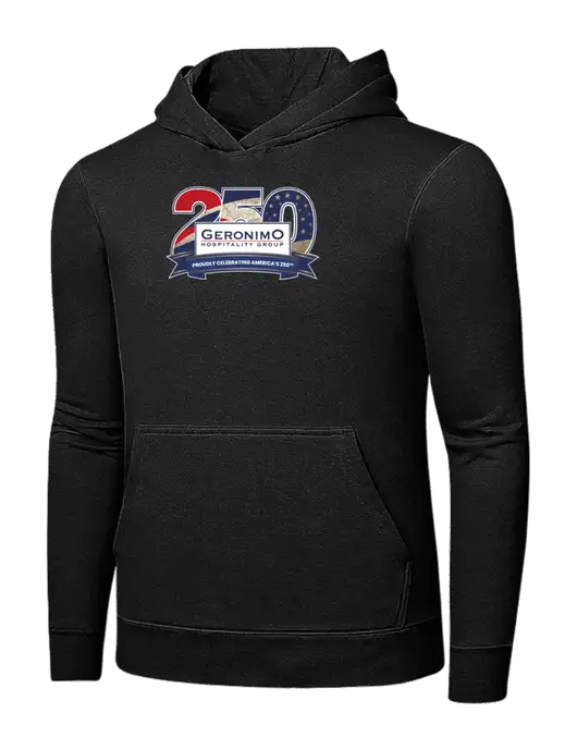 Jet Black 7.8 oz Ring Spun Hooded Sweatshirt w/Geronimo 250th Logo