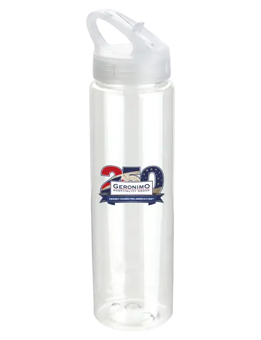 Buddy Clear 32 oz PET Bottle with Flip Lid w/Geronimo 250th Logo