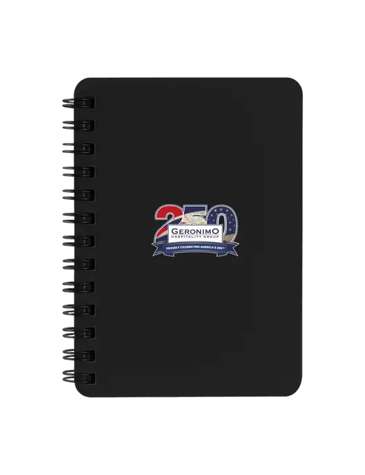 Sturdy Black Hardcover Notebook, 5.25 x 7 w/Geronimo 250th Logo