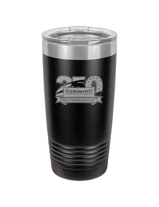 Polar Camel 20 oz Powder Coated Black Vacuum Insulated Tumbler w/Geronimo 250th Logo