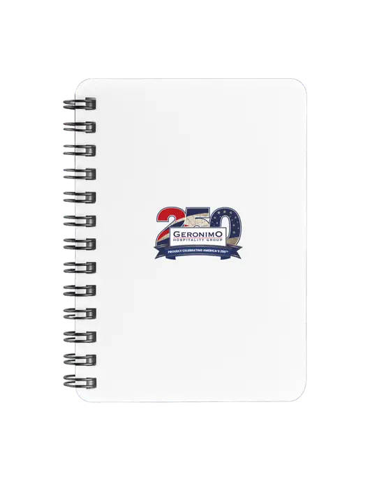 Sturdy White Hardcover Notebook, 5.25 x 7 w/Geronimo 250th Logo