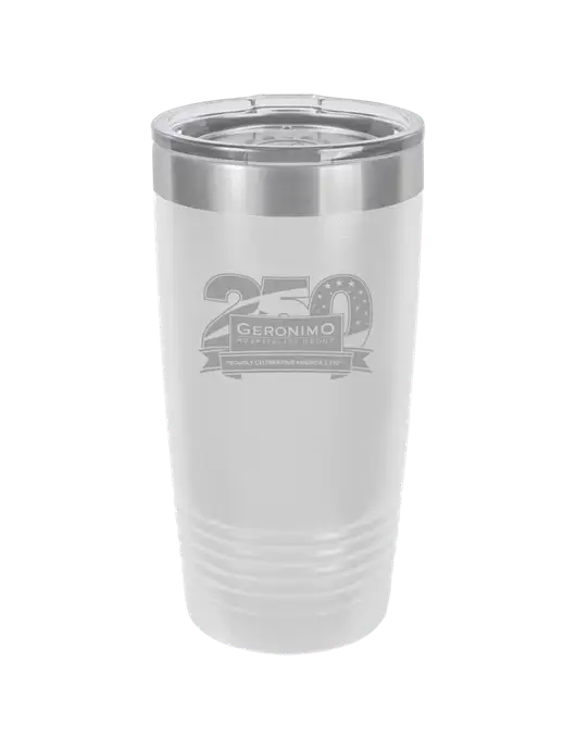 Polar Camel 20 oz Powder Coated White Vacuum Insulated Tumbler  w/Geronimo 250th Logo