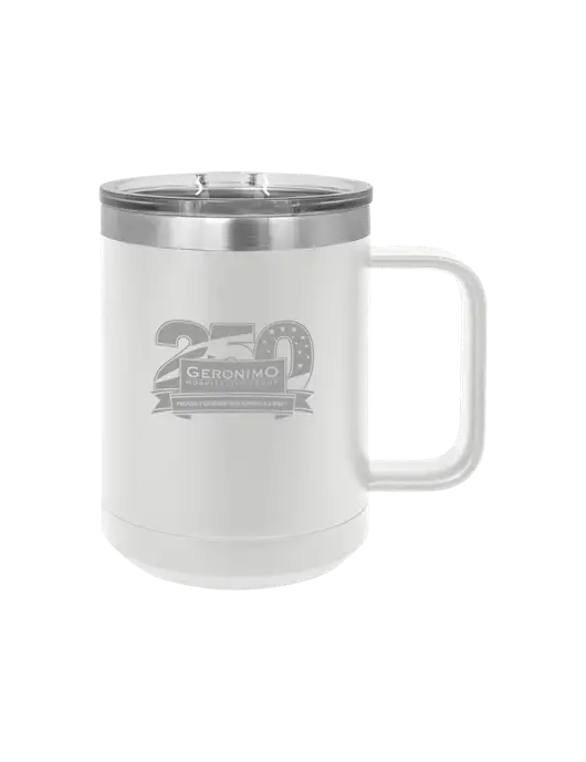 Polar Camel 15 oz Powder Coated White Vacuum Insulated Mug with Slider Lid w/Geronimo 250th Logo