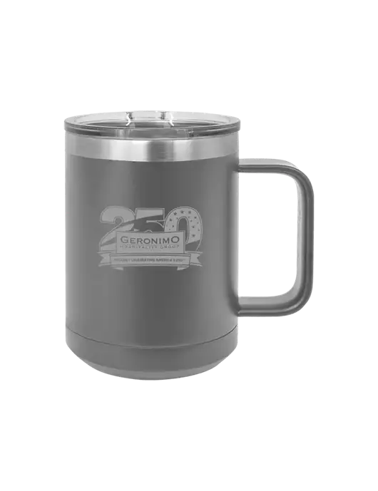 Polar Camel 15 oz Powder Coated Grey Vacuum Insulated Mug with Slider Lid w/Geronimo 250th Logo