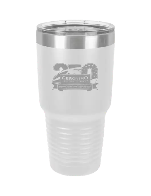 Polar Camel 30 oz Powder Coated White Vacuum Insulated Tumbler  w/Geronimo 250th Logo