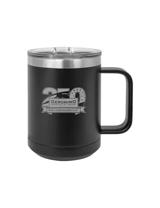 Polar Camel 15 oz Powder Coated Black Vacuum Insulated Mug with Slider Lid w/Geronimo 250th Logo