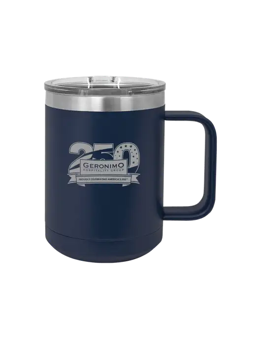 Polar Camel 15 oz Powder Coated Navy Vacuum Insulated Mug with Slider Lid w/Geronimo 250th Logo