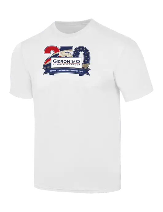 Simply Soft White 4.5oz  Poly/Combed Ring Spun Cotton T-Shirt w/Geronimo 250th Logo