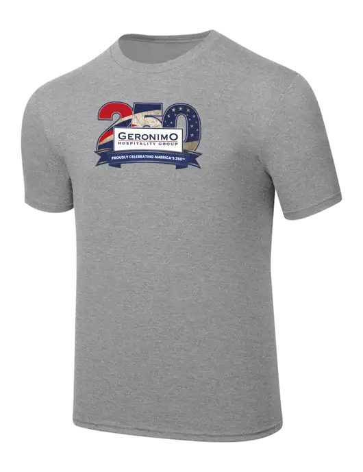Simply Soft Heathered Light Grey 4.5oz  Poly/Combed Ring Spun Cotton T-Shirt w/Geronimo 250th Logo