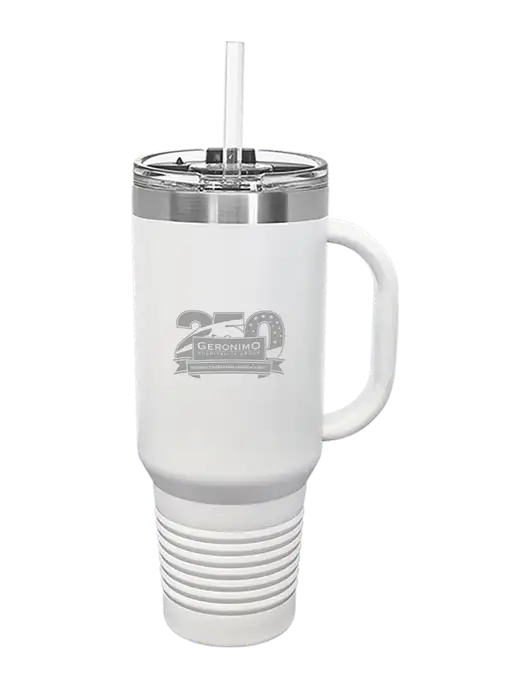 Polar Camel 40 oz. Powder Coated Vacuum Insulated White Travel Mug with Straw w/Geronimo 250th Logo