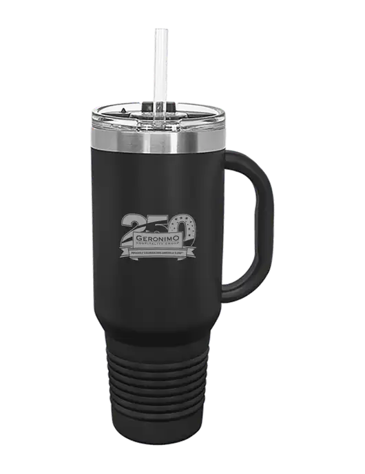 Polar Camel 40 oz. Powder Coated Vacuum Insulated Black Travel Mug with Straw w/Geronimo 250th Logo