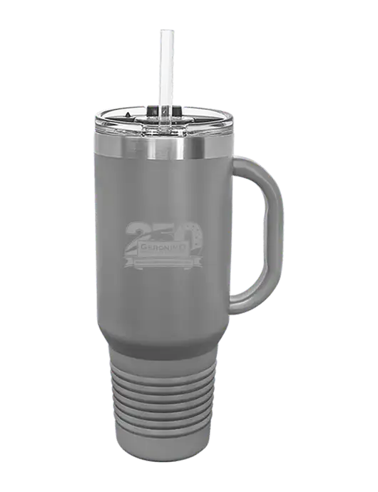 Polar Camel 40 oz. Powder Coated Vacuum Insulated Grey Travel Mug with Straw w/Geronimo 250th Logo