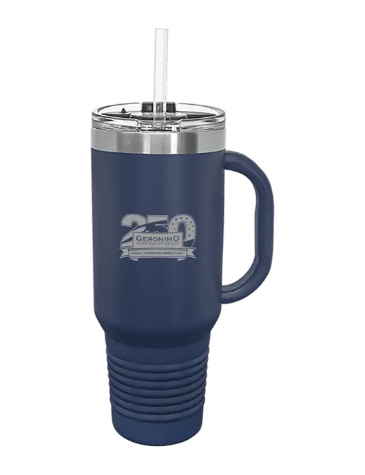 Polar Camel 40 oz. Powder Coated Vacuum Insulated Navy Travel Mug with Straw w/Geronimo 250th Logo
