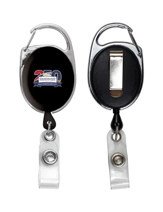 Black Carabiner Style Badge Reel and Badge Holder w/Geronimo 250th Logo