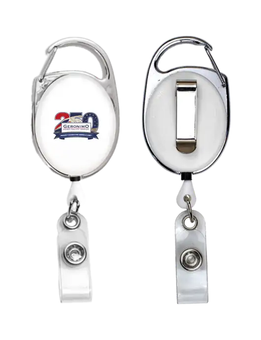 White Carabiner Style Badge Reel and Badge Holder w/Geronimo 250th Logo